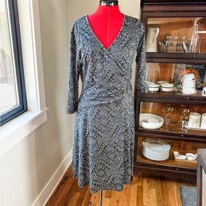 Garnet Hill Black and White Wrap Dress V-Neck 3/4 Sleeve with Built In Lining